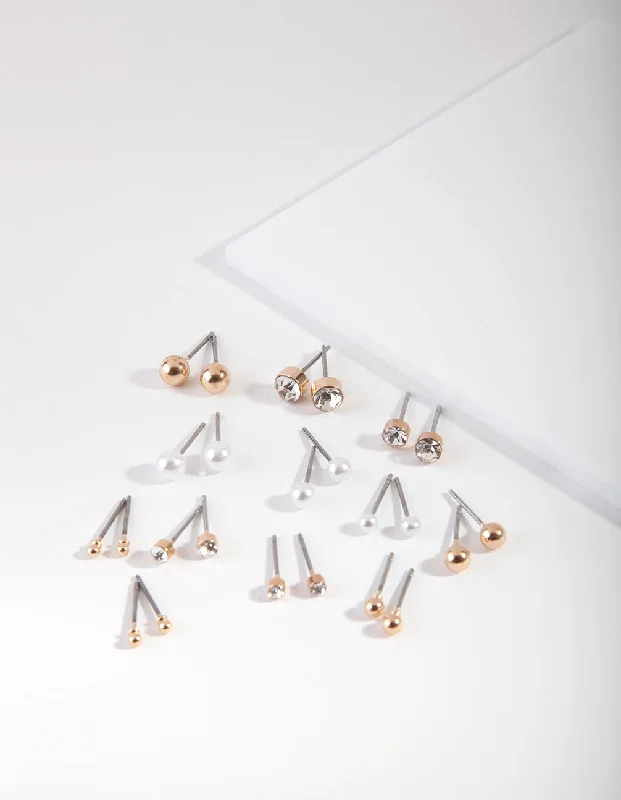 Geometric Dangle Earrings-Gold Multi Size Diamante Stud 12-Pack