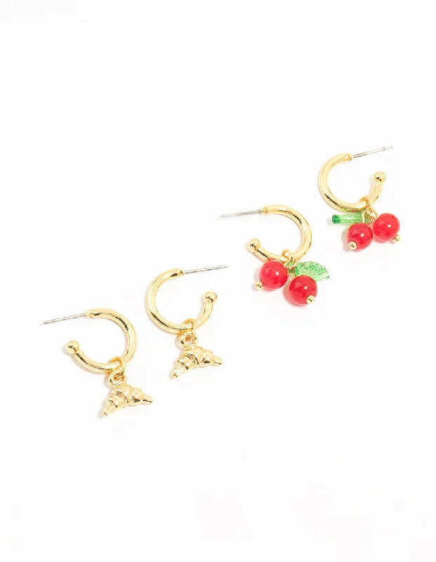 Gemstone Earrings-Gold Plated Cherry & Croissant Hoop Earrings 2-Pack