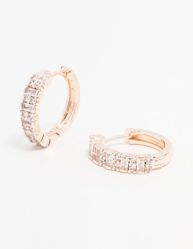 Pearl Ear Jackets-Rose Gold Plated Cubic Zirconia Pave Baguette Hoop Earrings