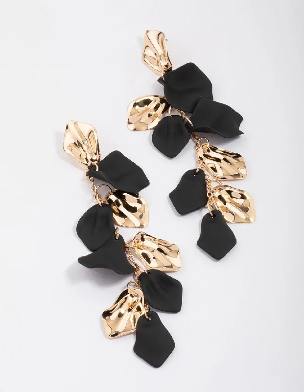 Pear Shaped Earrings-Black & Gold Petal Long Drop Earrings