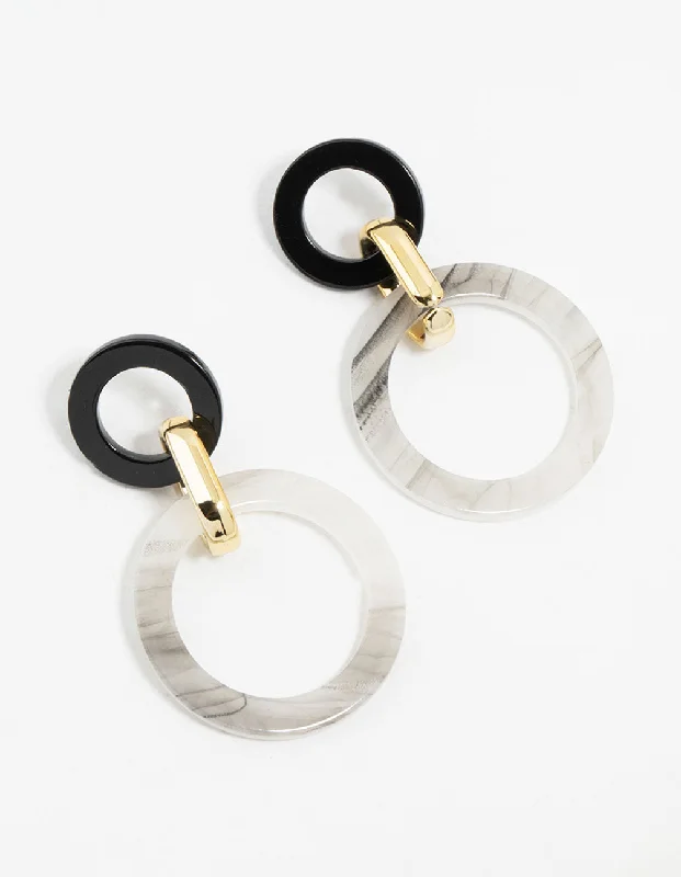 Geometric Shape Earrings-Black & White Marbled Acrylic Circle Drop Earrings