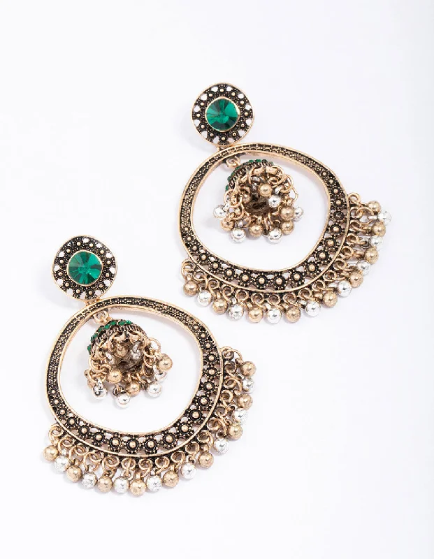 Shiny Drop Earrings-Antique Gold Beaded Circle Drop Earrings