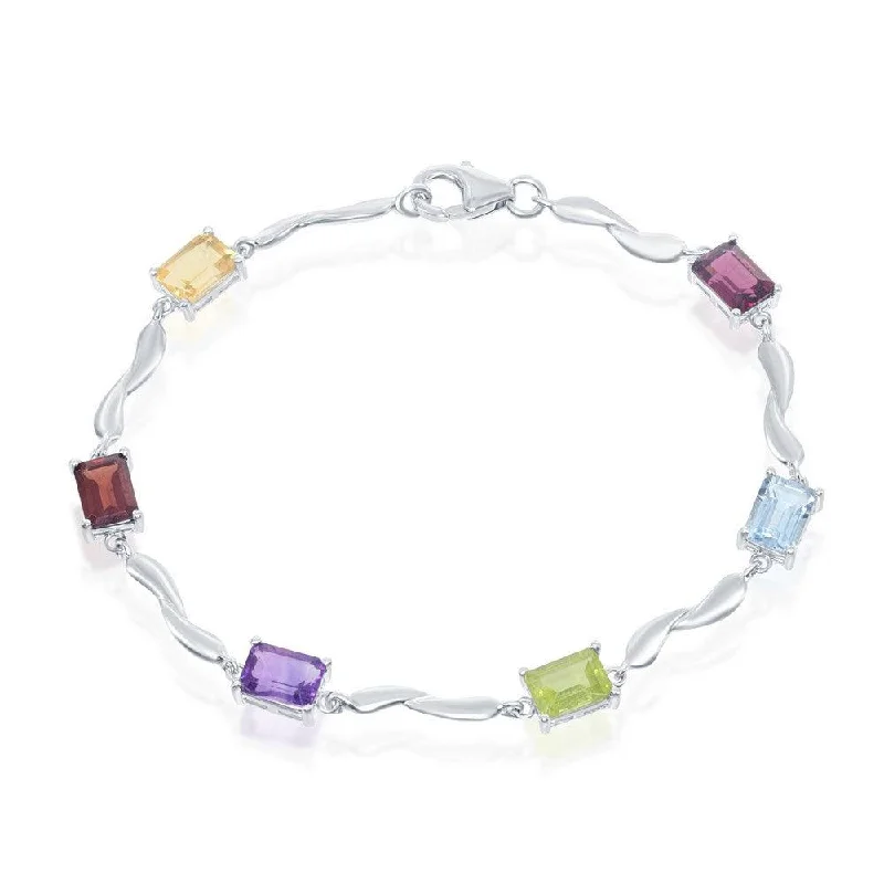 Gold Rope Bracelet-Sterling Silver Rectangular Multi Colored Gemstone Bracelet, 7"