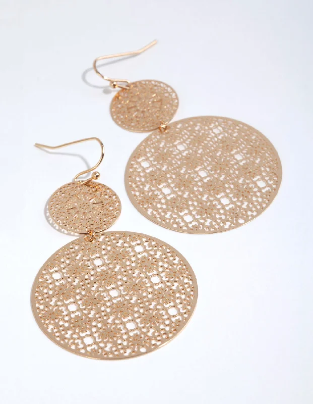 Long Dangle Hoop Earrings-Gold Double Filigree Disc Drop Earrings