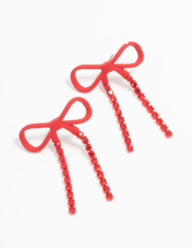 Long Chain Earrings-Red Coated Metal Bow Diamante Drop Earrings