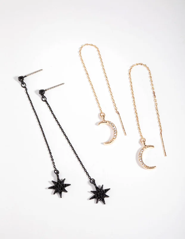 Trendy Ear Hoops-Matte Diamante Star & Moon Pack Earring