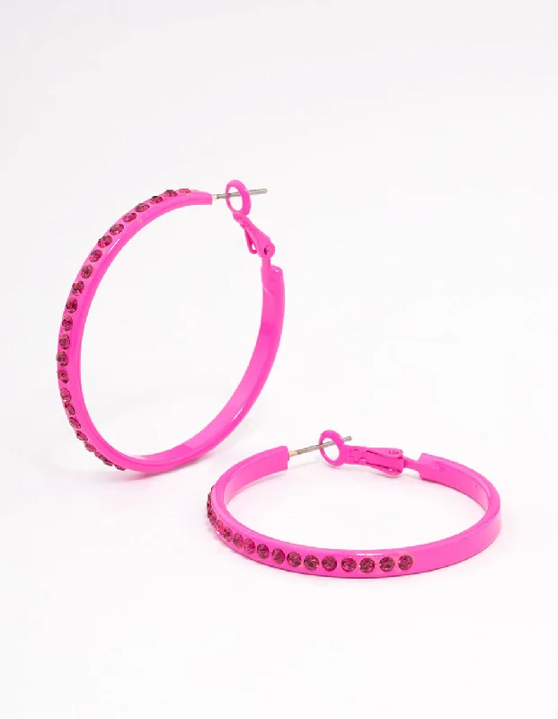 Simple Drop Earrings-Pink Diamante Thin Hoop Earrings