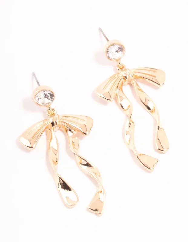 Birthday Gift Earrings-Gold Diamante Long Bow Drop Earrings