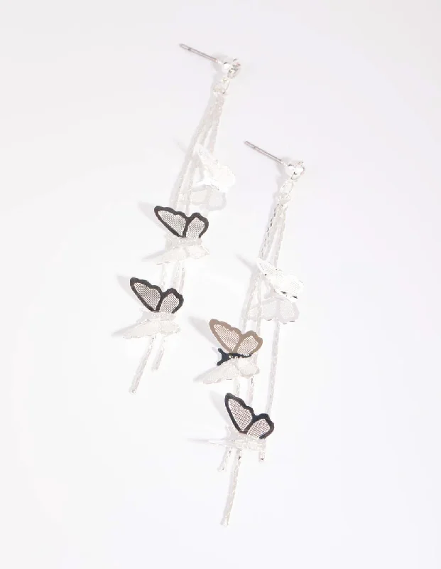 Fun Hoop Earrings-Silver Butterfly Drop Earrings