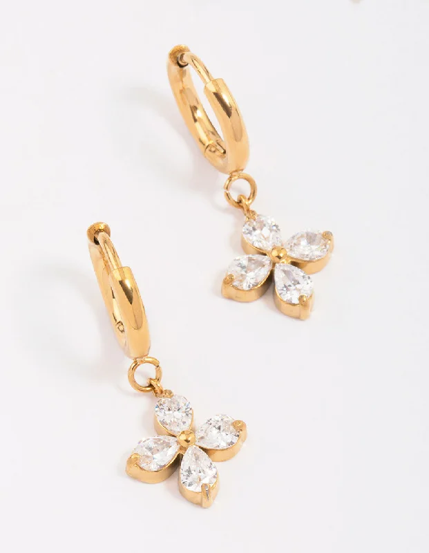 Elegant Diamond Earrings-Gold Plated Surgical Steel Flower Huggie Hoop Earrings