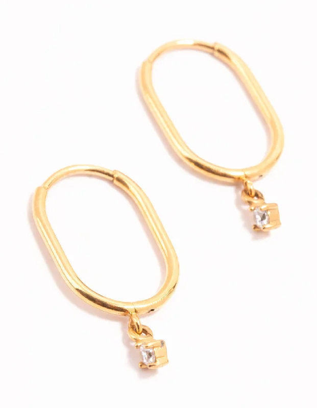 Funky Statement Earrings-Gold Plated Surgical Steel Cubic Zirconia Rectangle Sleeper Earrings