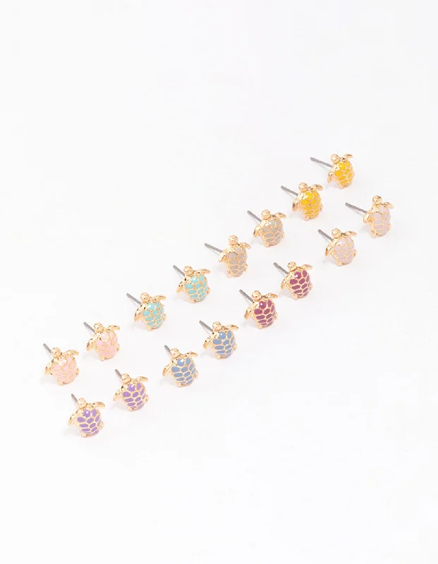 Petite Stud Earrings-Gold Multi-Coloured Turtle Stud Earring 8-Pack