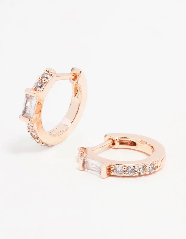 Colored Gemstone Earrings-Rose Gold Plated Cubic Zirconia Mini Baguette Pave Huggie Earrings