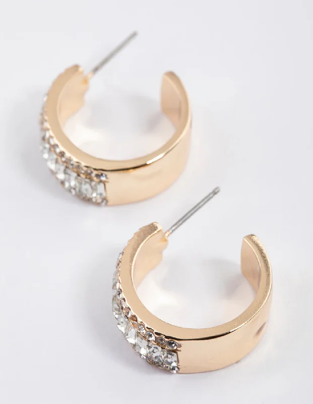 Elegant Swarovski Earrings-Gold Baguette Diamante Small Hoop Earrings