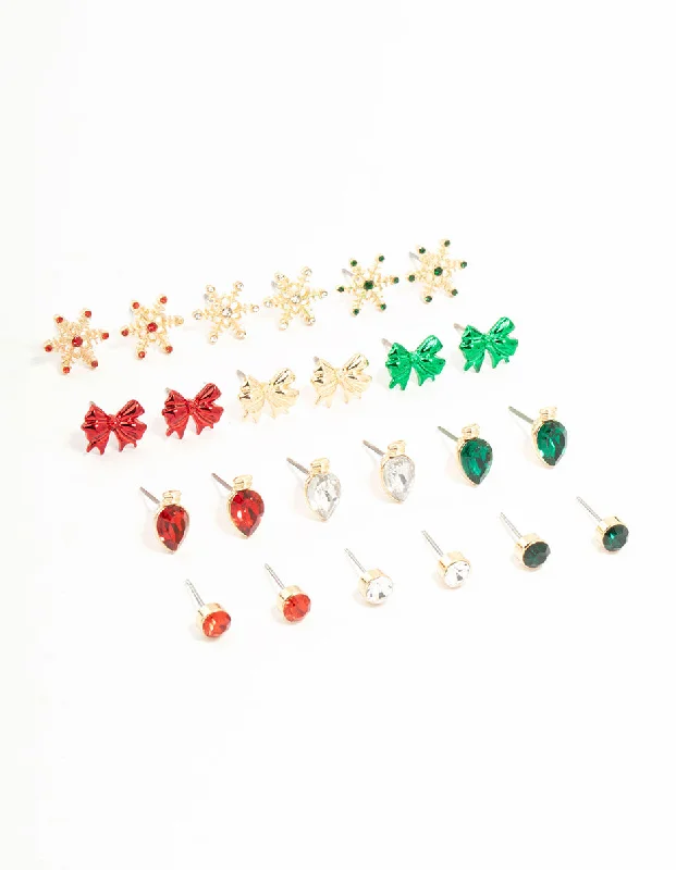 Geometric Stud Earrings-Snowflake & Bow Stud Earrings 12-Pack