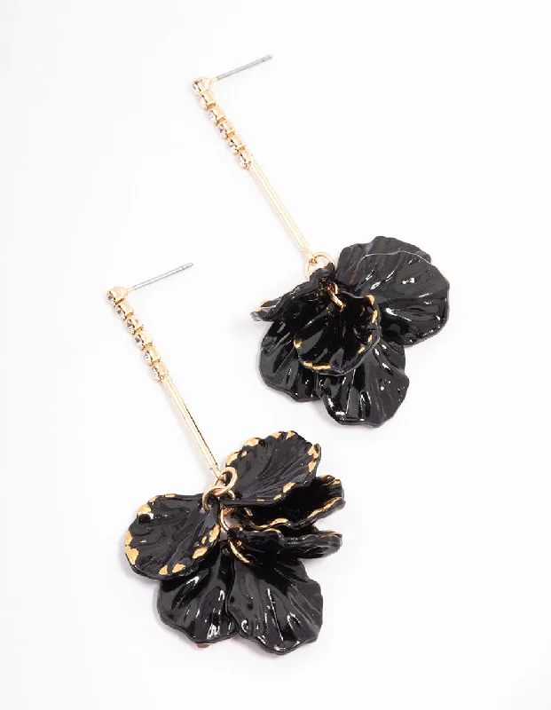 Rhinestone Stud Earrings-Black Cup Chain Large Petal Drop Earrings