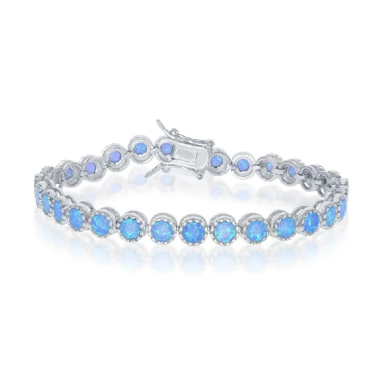 Elegant Bead Bracelet-Sterling Silver Round Blue Inlay Opal with Beaded Border Bracelet