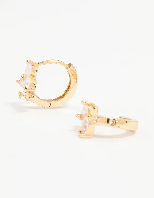 Gold Hoop Earrings-Gold Plated Cubic Zirconia Flower & Leaf Huggie Earrings