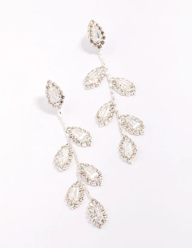 Gold Hoop Earrings-Silver Diamante Leaf Drop Earrings