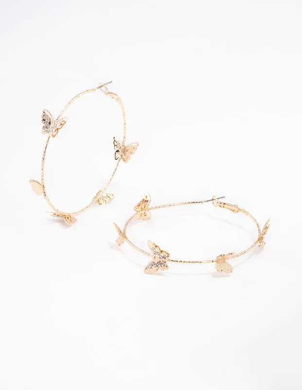 Simple Drop Earrings-Gold Butterfly Hoop Earrings