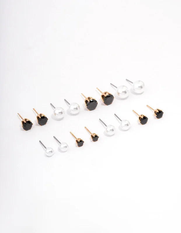 Embellished Drop Earrings-Gold Black Crystal & Pearl Stud Earring 8-Pack