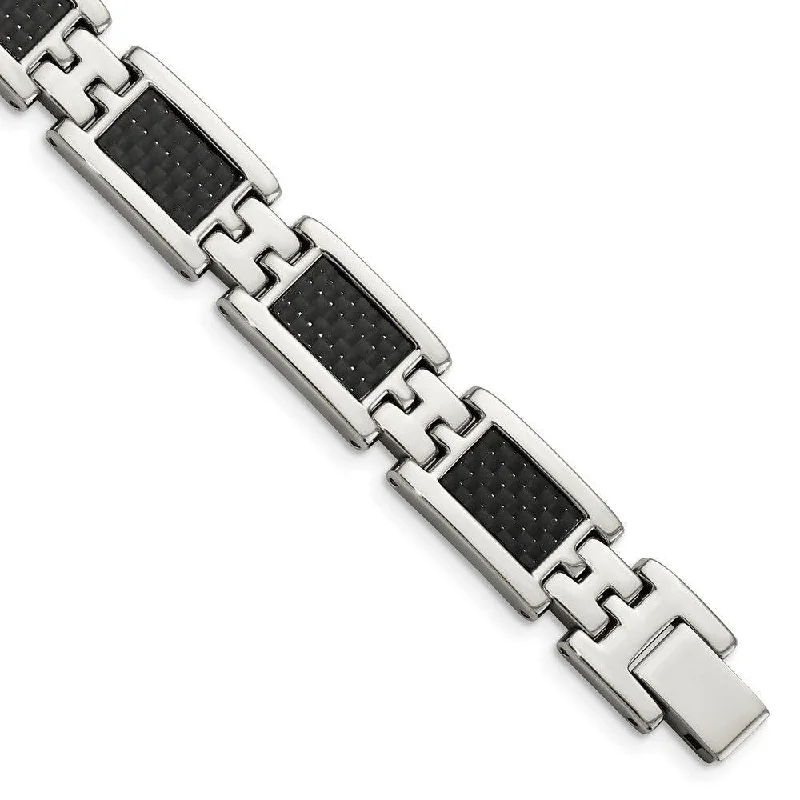 Natural Stone Bracelet-Stainless Steel Polished Black Carbon Fiber Inlay 9in Bracelet