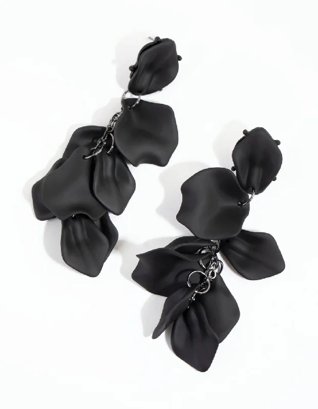 Long Tassel Drop Earrings-Matte Black Petal Drop Earrings