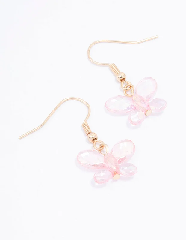 Triangular Drop Earrings-Pink Butterfly Drop Earrings