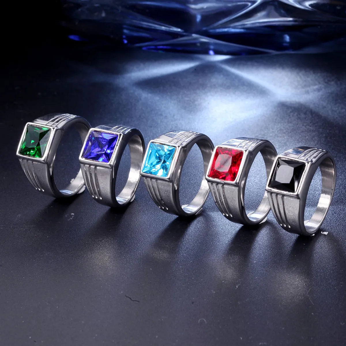 Hip-Hop Square Titanium Steel Inlay Glass Stone 18K Gold Plated Men'S Rings