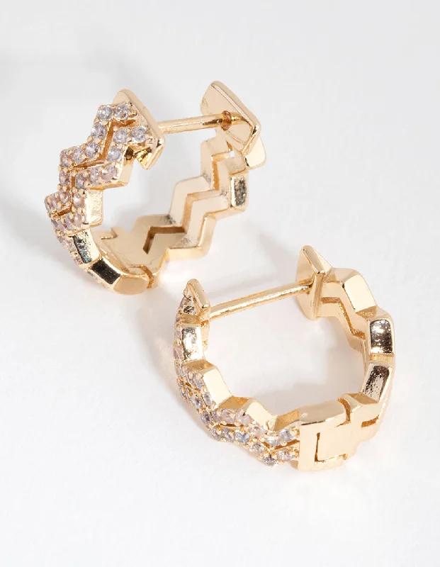 Crystal Hoop Earrings-Gold Diamante Zig Zag Huggie Earrings