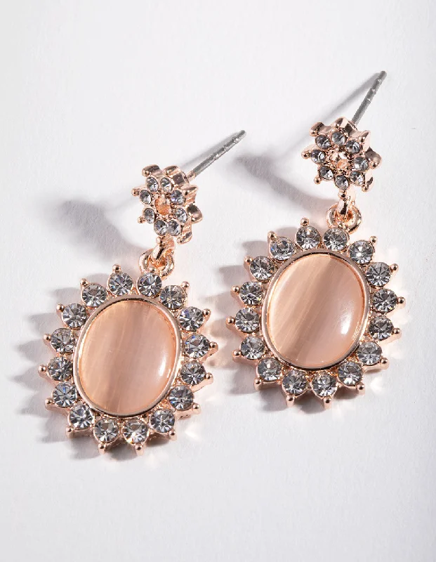 Rhinestone Earrings-Rose Gold Oval Cateye Diamante Drop Earrings