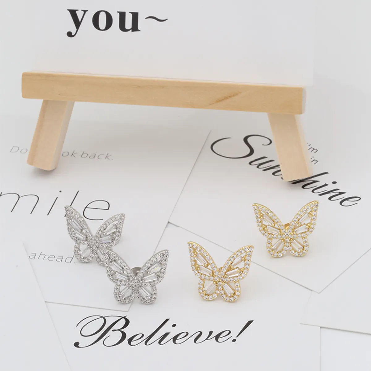 1 Pair Simple Style Butterfly Plating Inlay Copper Zircon 18K Gold Plated White Gold Plated Ear Studs