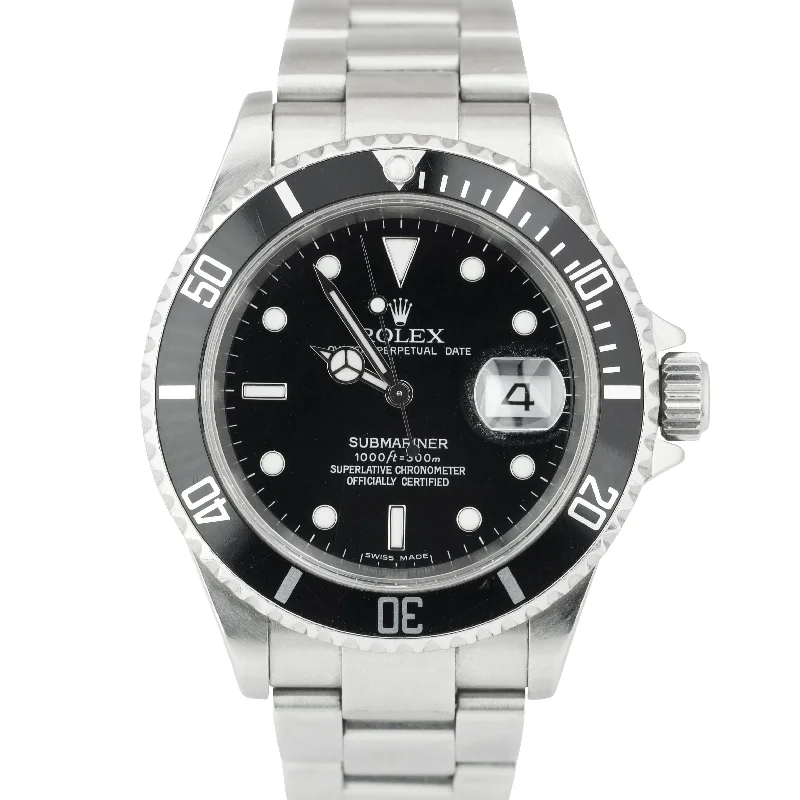 Leather Strap Watch for Women-2005 Rolex Submariner Date 16610 T NO-HOLES Pre-Ceramic Stainless Steel Watch