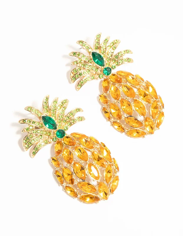 Handmade Dangle Earrings-Gold Diamante Pineapple Drop Earrings