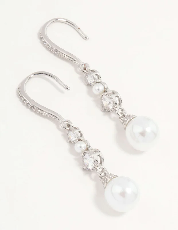 Gold Stud Earrings-Silver Pearl & Cubic Zirconia Drop Hook Earrings