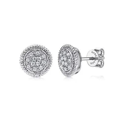 Fashionable Clip-On Earrings-14K White Gold Round Diamond Cluster Stud Earrings with Twisted Rope Frame