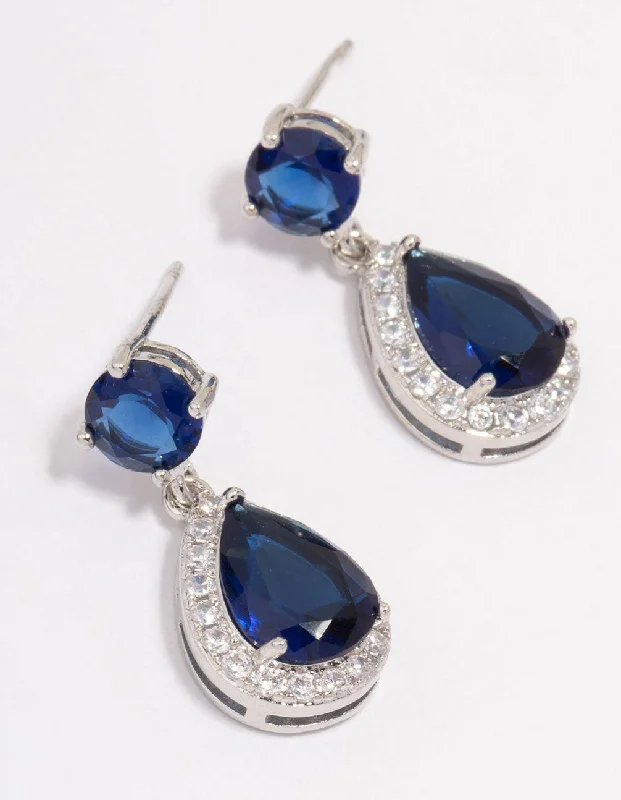 Double-Sided Earrings-Silver Sapphire Stone Teardrop Drop Earrings