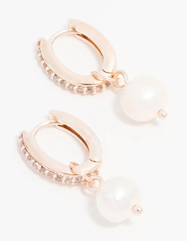 Pearl Dangle Earrings-Rose Gold Plated Cubic Zirconia Pave Pearl Drop Hoop Earrings