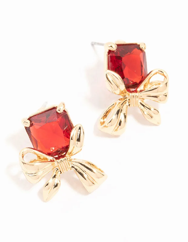 Triangular Drop Earrings-Red Stone & Gold Bow Stud Earrings