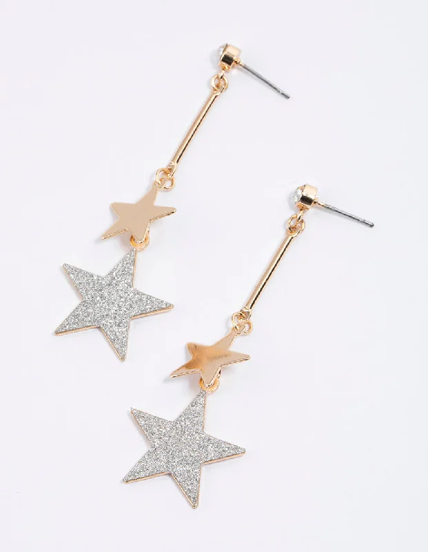 Simple Gold Earrings-Gold Glitter Double Silver Star Drop Earrings