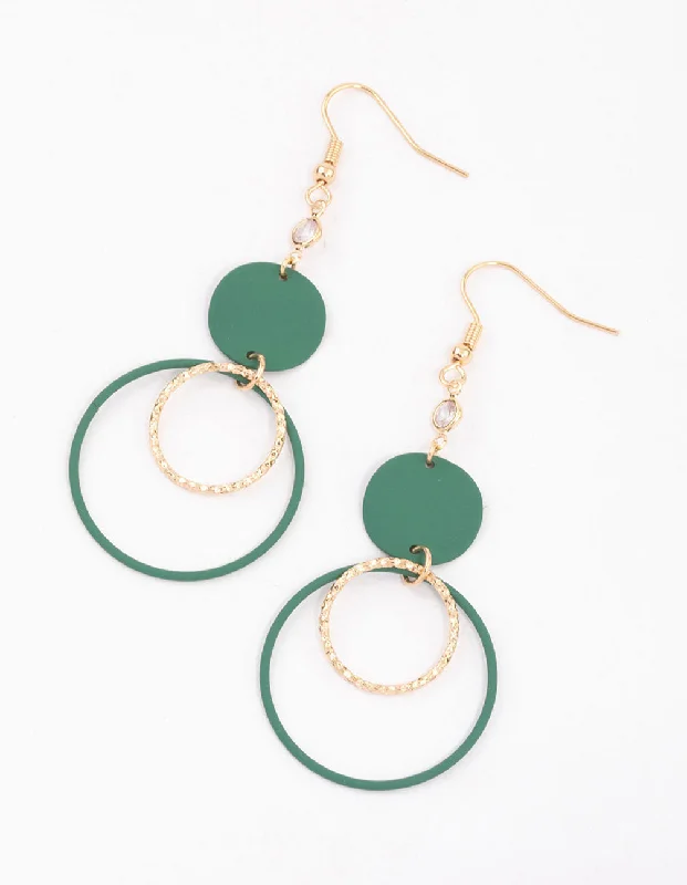 Luxury Chandelier Earrings-Green Disc & Open Circle Drop Earrings