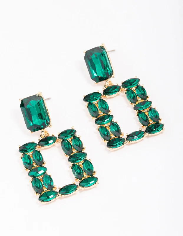 Double Drop Earrings-Gold Mixed Emerald Stone Drop Earrings