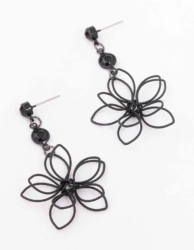 Boho Feather Earrings-Black Wire Beaded Drop Flower Earrings