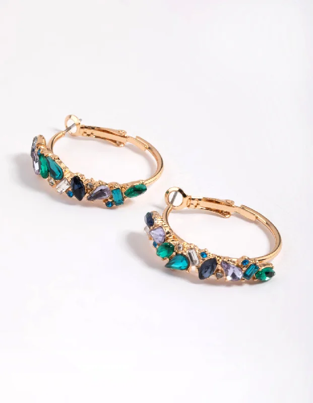 Party Drop Earrings-Gold Mini Cluster Diamante Hoop Earrings