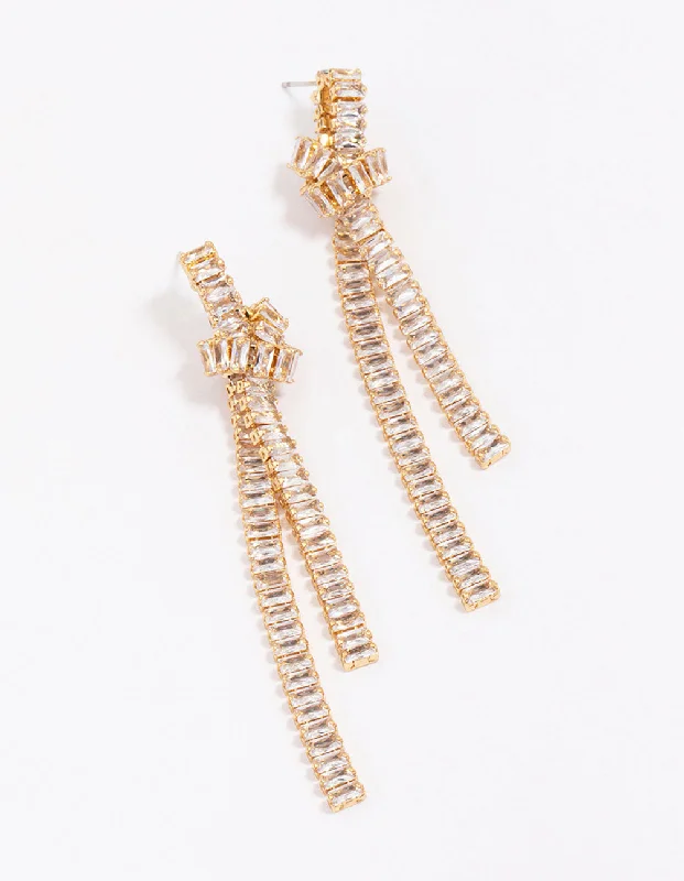 Elegant Drop Stud Earrings-Gold Plated Cubic Zirconia Baguette Knotted Drop Earrings