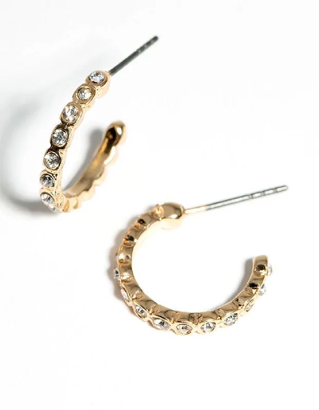 Shiny Hoop Earrings-Gold Diamante Front Huggie Earrings