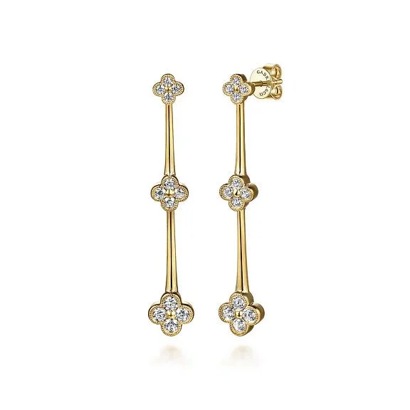 Handcrafted Earrings-14K Yellow Gold Graduating Diamond Cluster Stud Drop Earrings