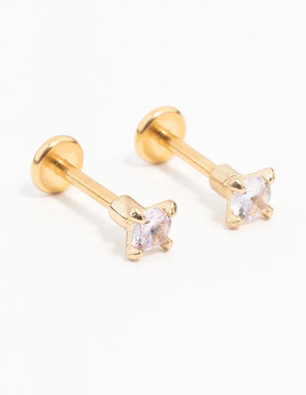 Fashion Drop Earrings-Gold Plated Surgical Steel Mini Cubic Zirconia Flat Back 2-Pack