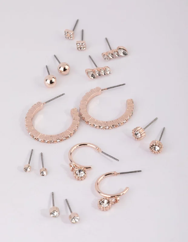 Silver Hoop Earrings-Rose Gold Plain Diamante Stud Earring Pack