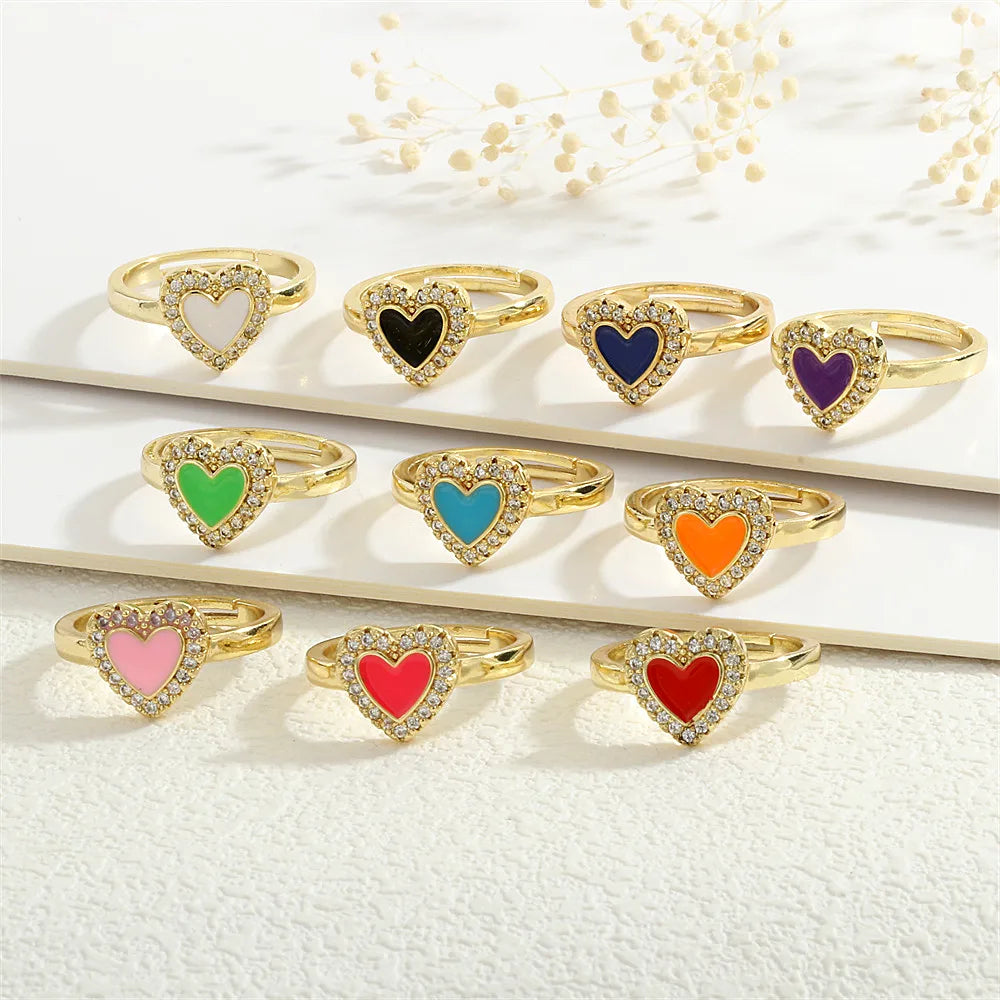 Copper Enamel Inlay Heart Shape Zircon Adjustable Ring